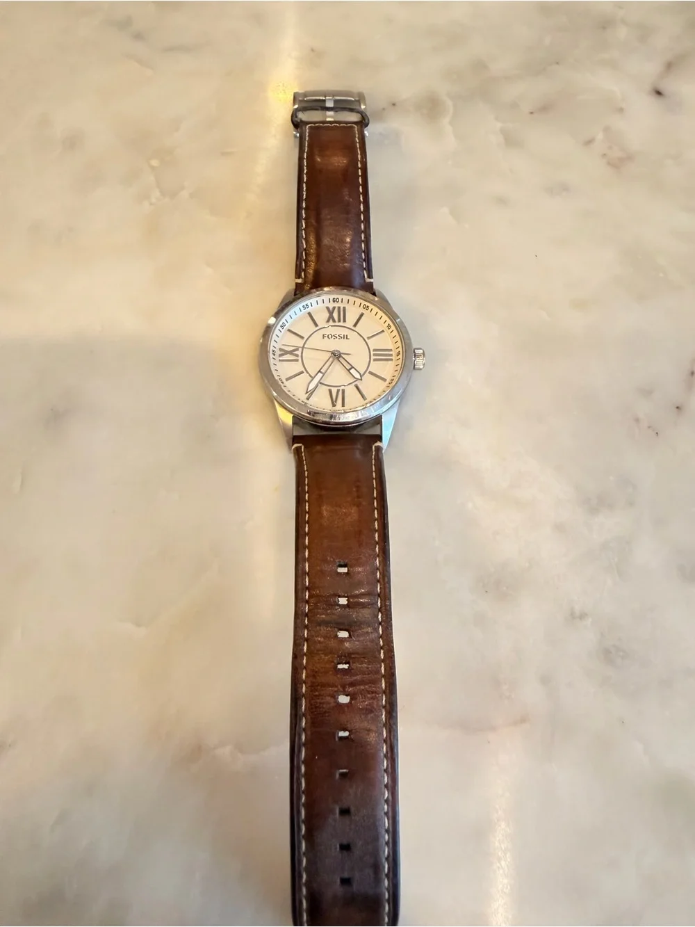 Fossil Men's Silver Dial Watch with Brown Leather Strap